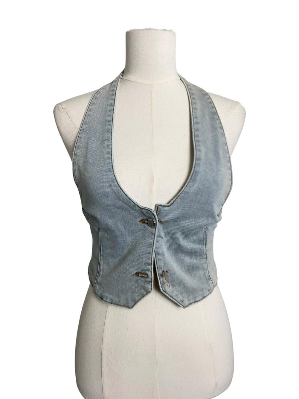 SER.O.YA Tank Top Womens Small Blue Denim Halter Button Front Cropped Vest